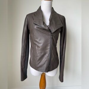 Vince Brown Cross Front Leather Moto Jacket Sz S Asymmetrical Zip Knit Trim Fall
